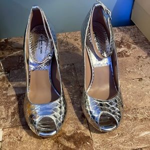 Silver Metallic Python Embossed Michael Kors Collection Peep-Toe Pump